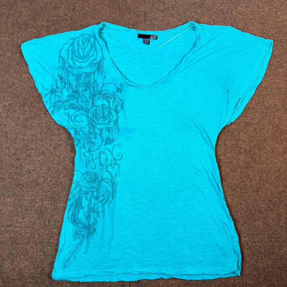 Fox Racing Women Teal Blue Rose Graphic V-Neck Dolman Slub Tee Shirt Size Medium